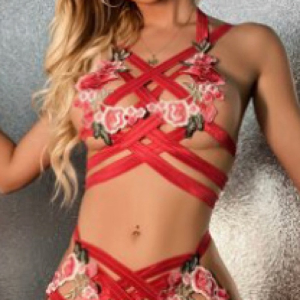 Shein Small Floral Appliqués Lattice Lingerie Set